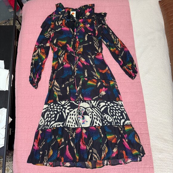 Farm Rio Black Macaws Flight Maxi Dress Tie Neck Leopard Tiered Animal Print XS - Picture 5 of 10